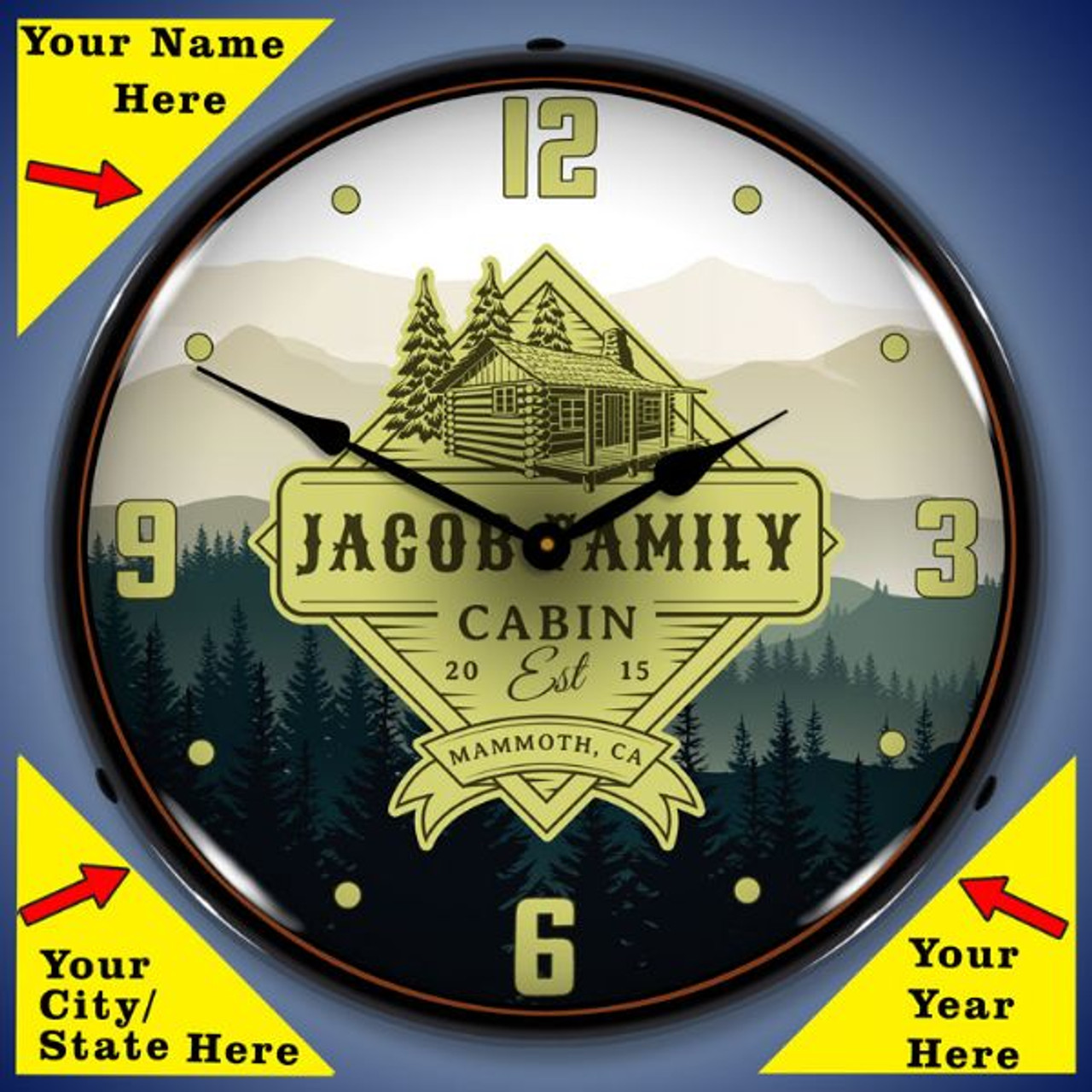 Personalized Family Cabin LED Lighted Wall Clock 14 x 14 Inches