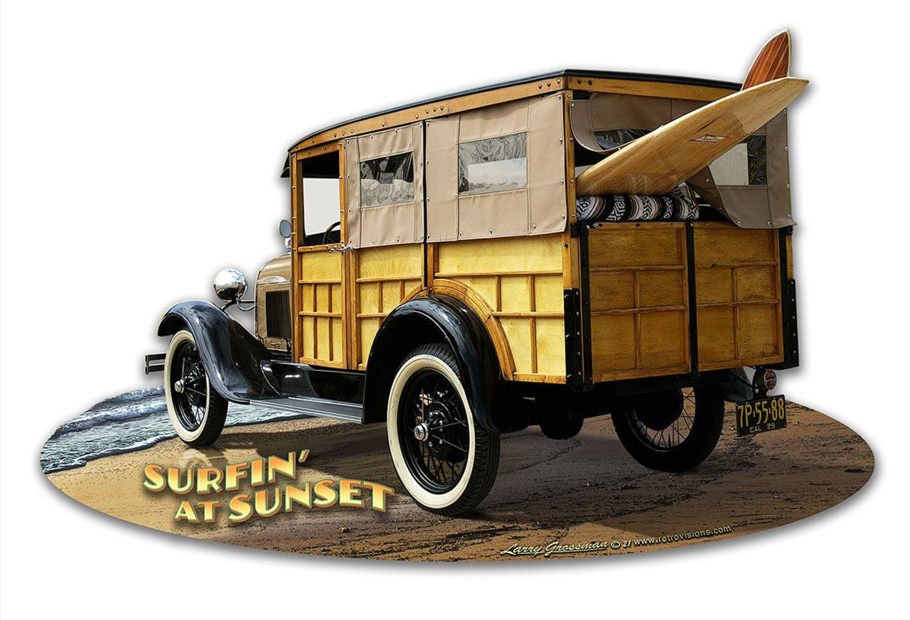 1929 Woody at Sunset Cut-out Metal Sign 18 x 12 Inches