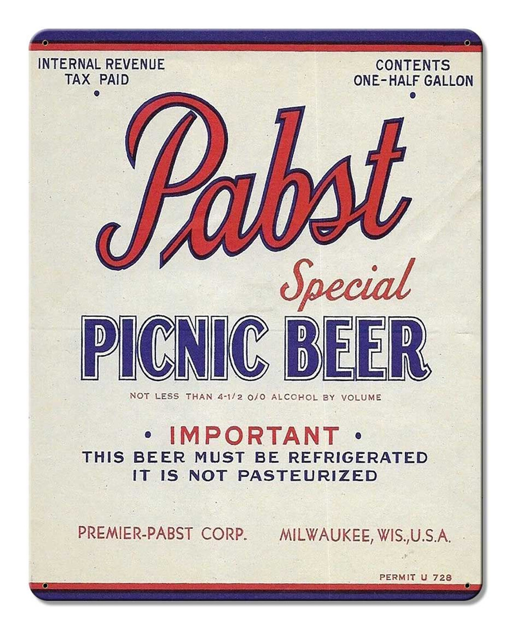 Pabst Picnic Beer Metal Sign 12 x 15 Inches