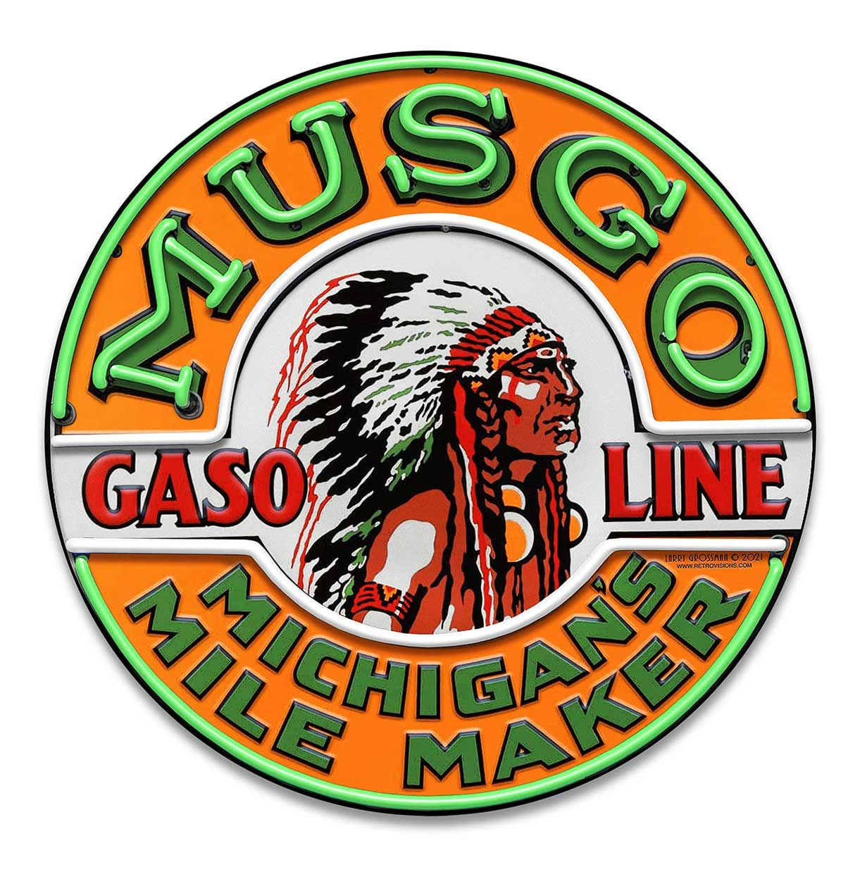 Musgo Gasoline neon-style round metal sign 18 inches with green MUSGO lettering, orange background and feathered headdress portrait