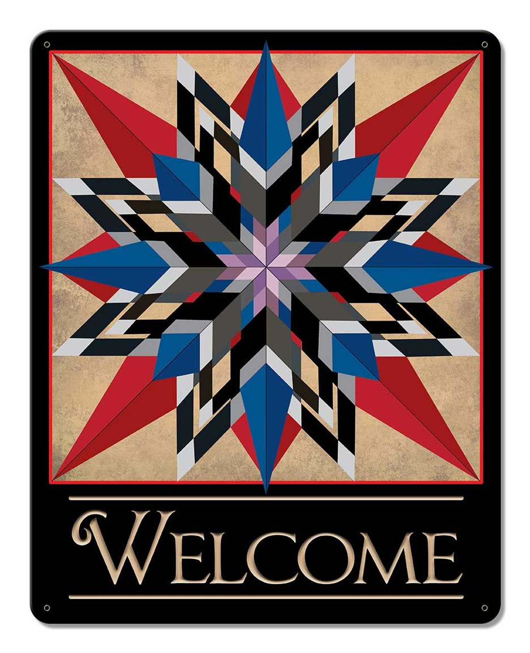Double 16 Point Star Welcome Metal Sign 12 x 15 Inches