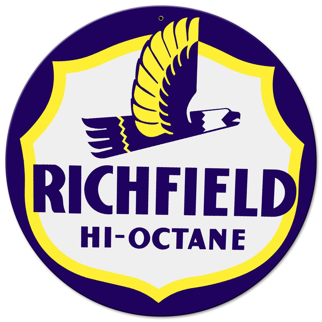 Richfield Hi-Octane round metal sign 14 inches with yellow and navy-blue flying eagle, white shield and bold RICHFIELD lettering