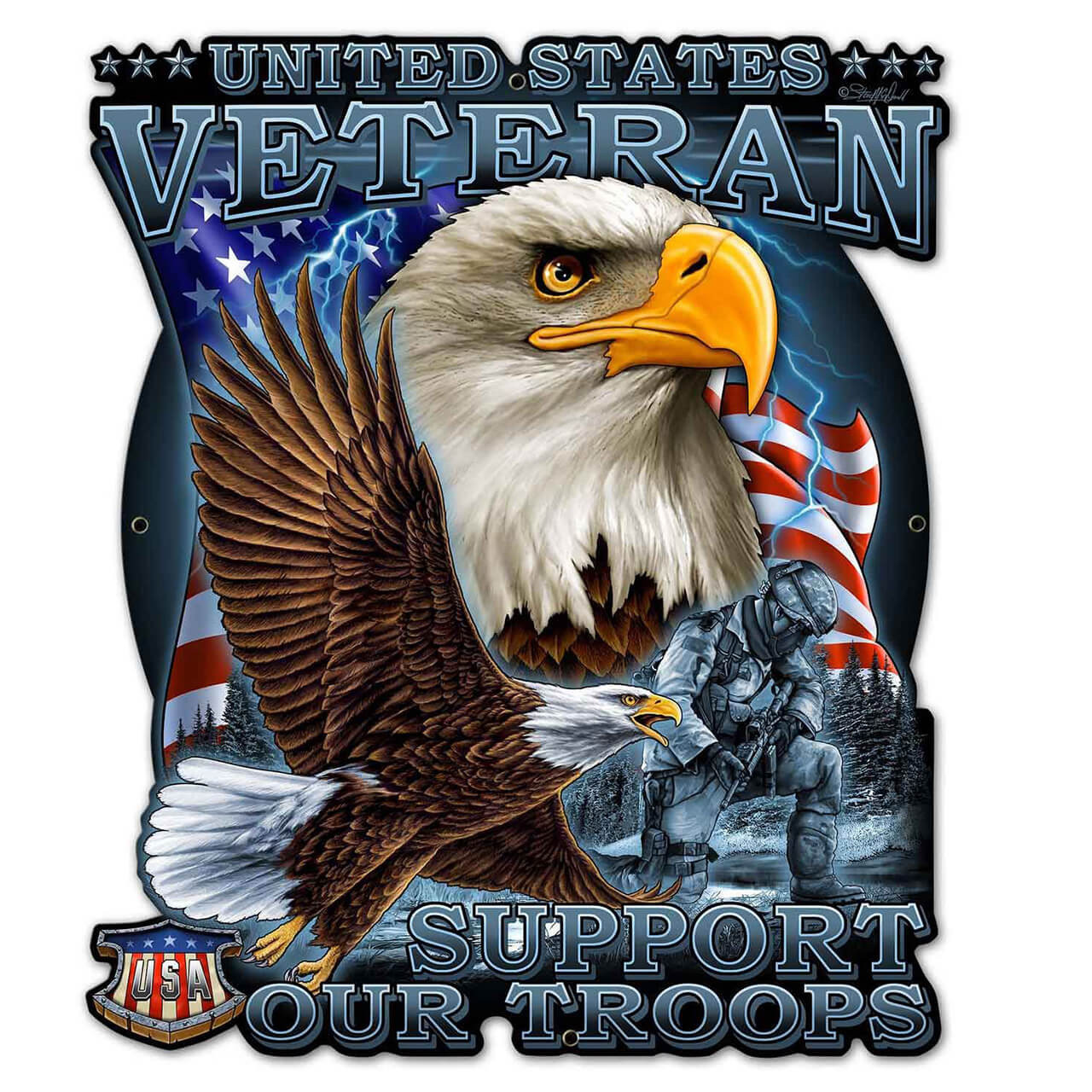 Veteran Military Metal Sign 23x26 showing a large bald eagle portrait, flying eagle, kneeling soldier, American flag and United States Veteran Support Our Troops lettering