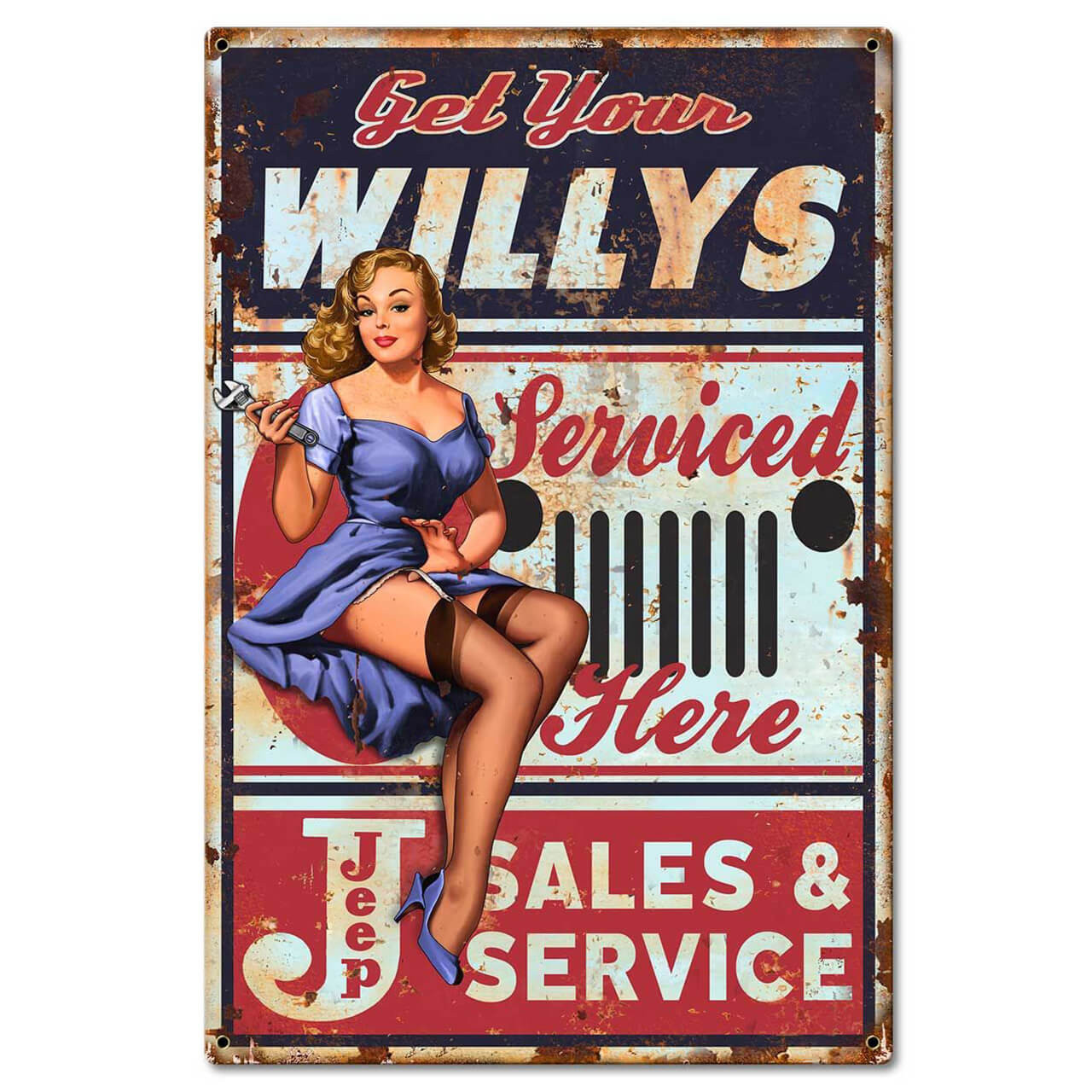 Vintage Willys Jeep Sales and Service 16 x 24 inch metal sign with blonde pin-up woman in blue dress holding a wrench in front of a Jeep grille