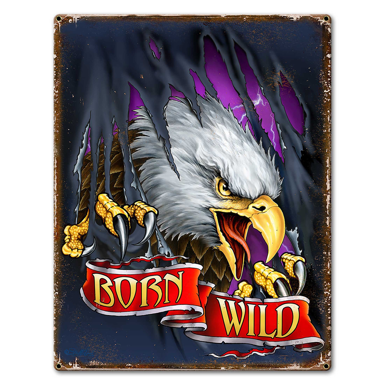 Born Wild screaming bald eagle metal sign 18 x 24 inches with white eagle head, yellow beak, black talons, purple lightning and red Born Wild ribbons