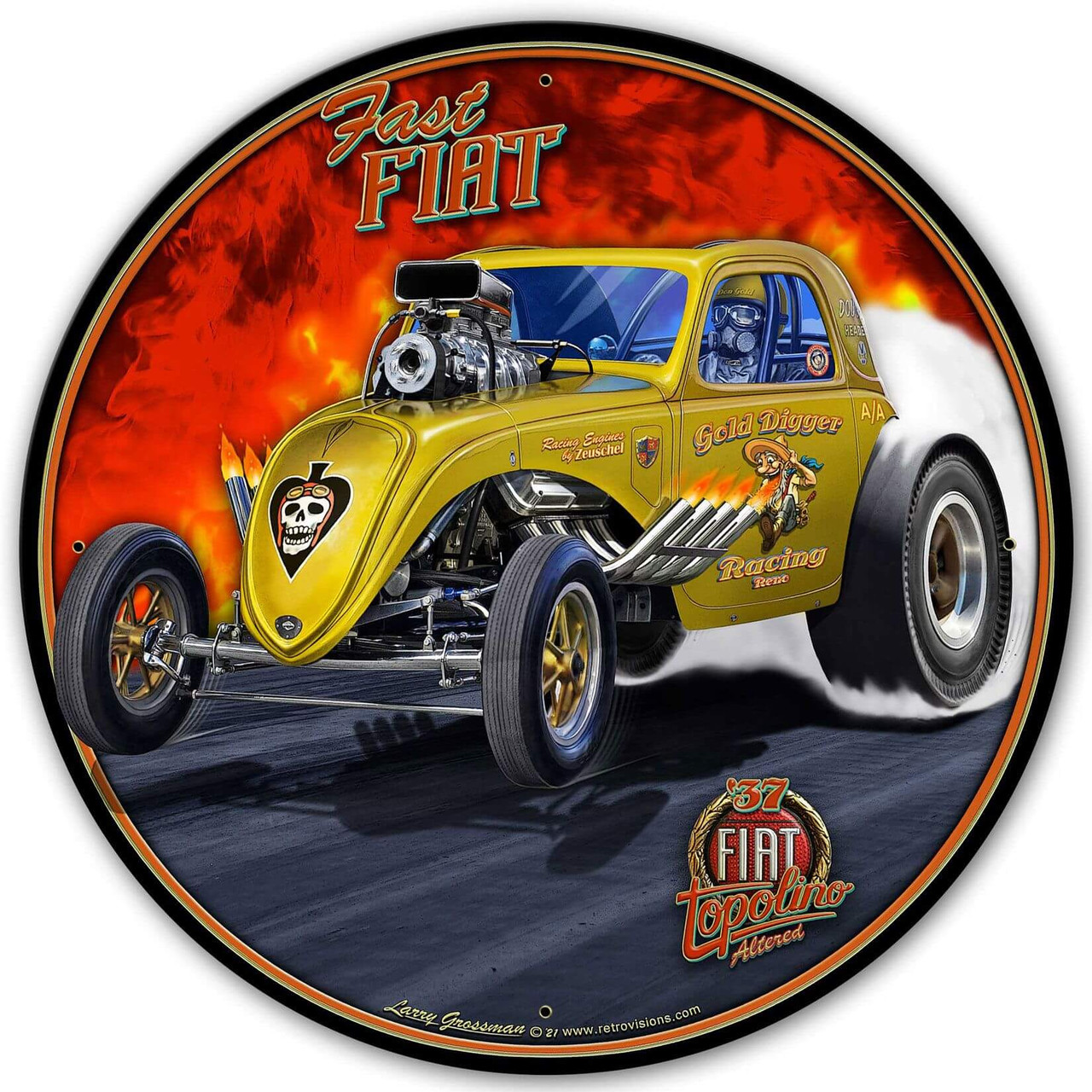 1937 Fiat Drag Car Yellow Metal Sign 28 x 28 Inches