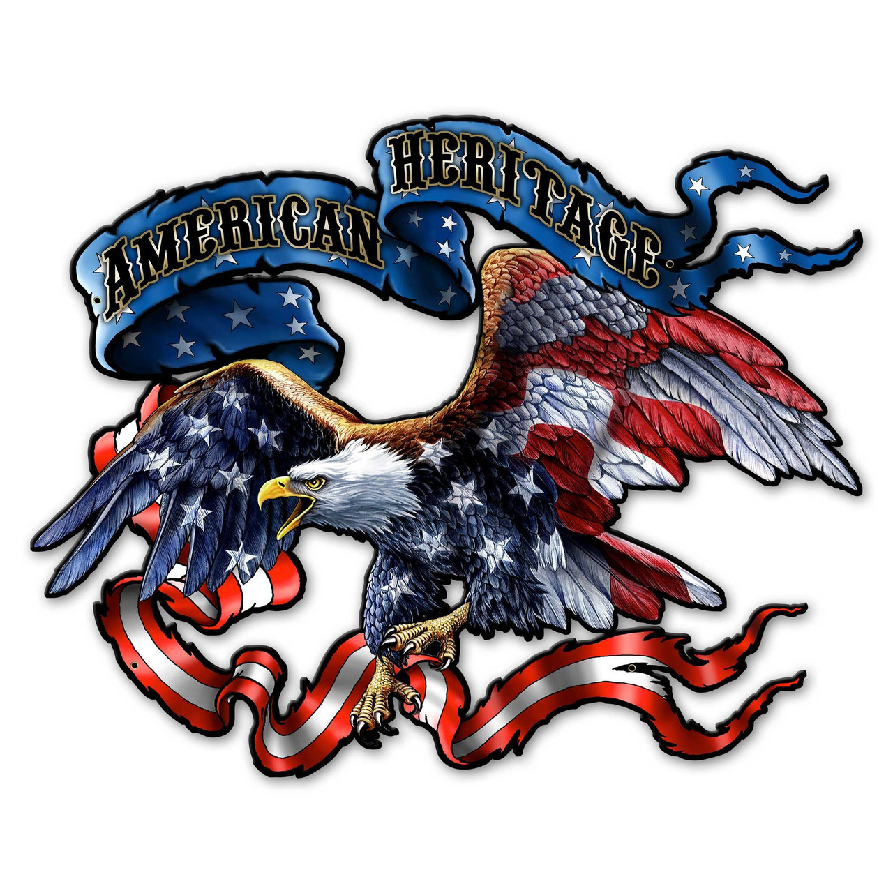 American Heritage eagle cut-out metal sign 36x28 with flying bald eagle, American flag stars and stripes on wings, blue banner and red white ribbon