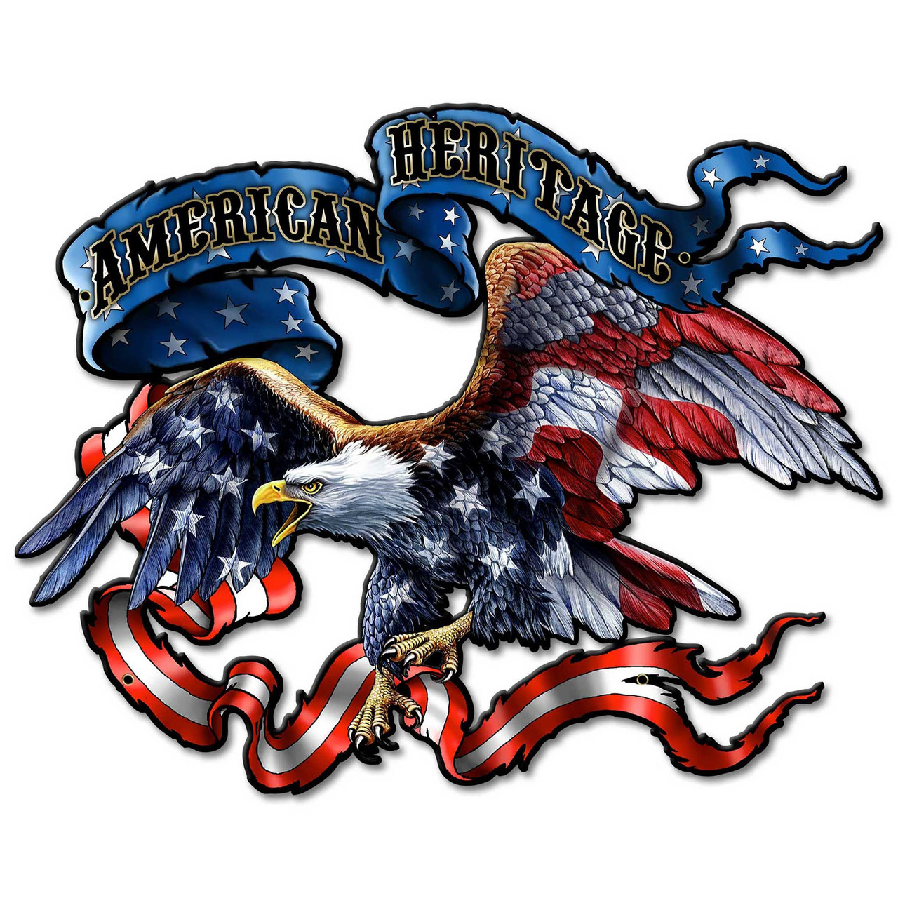 American Eagle Cut-Out Metal Sign 24x20 showing a bald eagle with red white and blue wings, blue American Heritage banner and red white ribbons