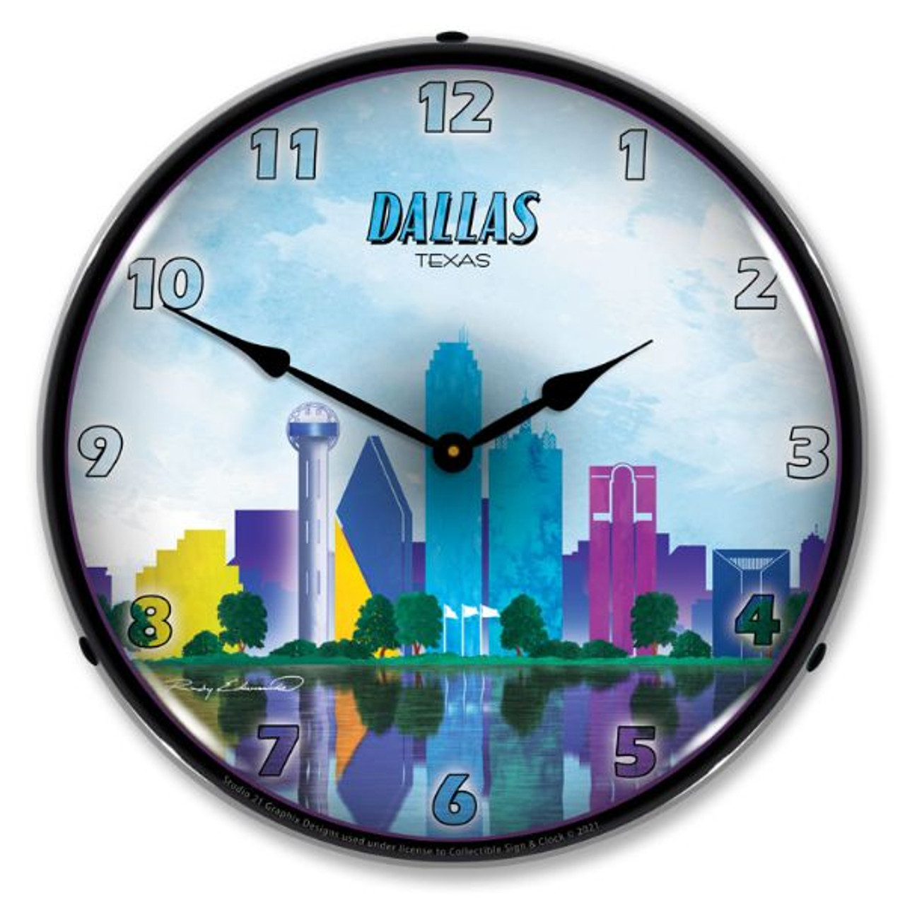 Dallas Skyline LED Lighted Wall Clock 14 x 14 Inches