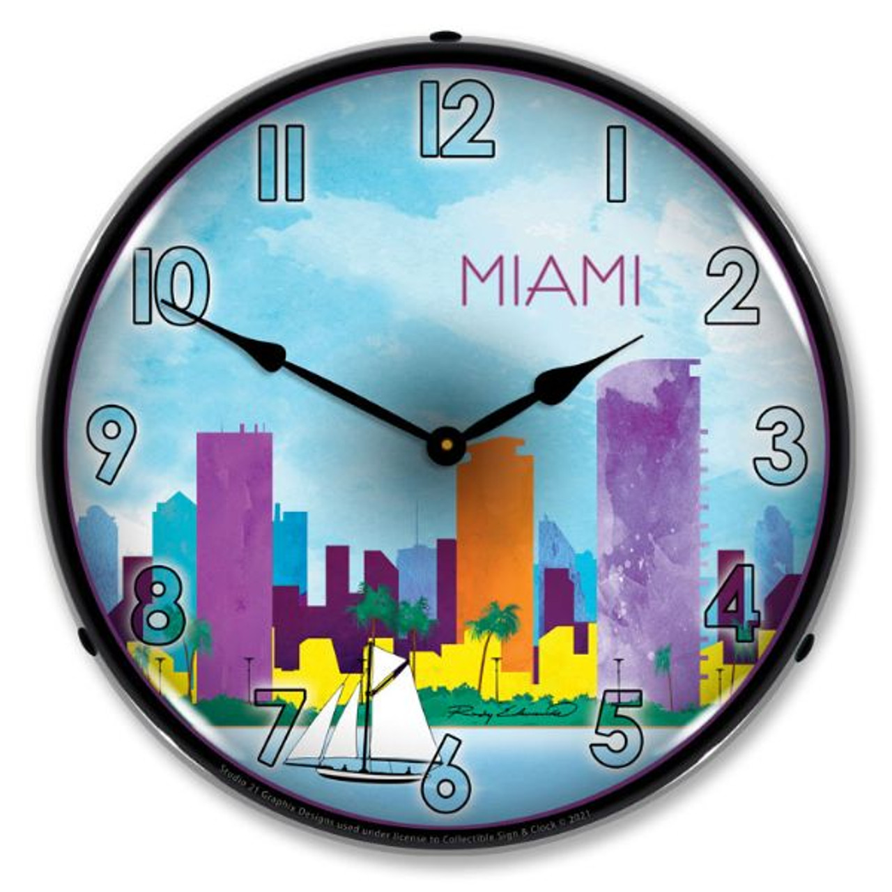 Miami Skyline LED Lighted Wall Clock 14 x 14 Inches