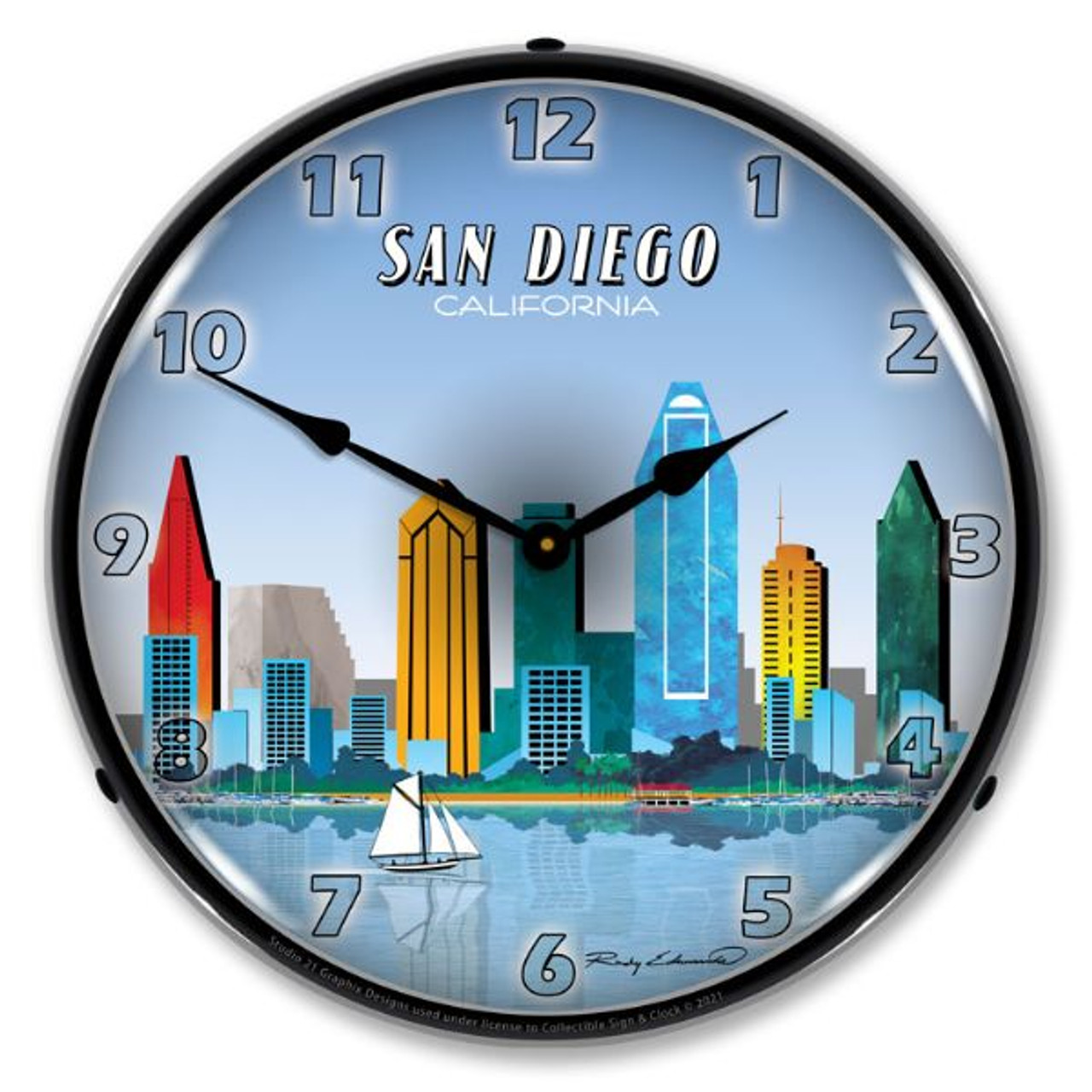 San Diego Skyline LED Lighted Wall Clock 14 x 14 Inches