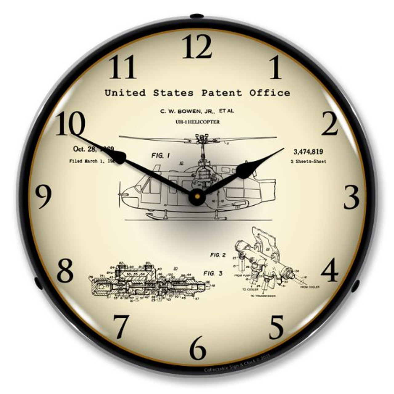 1969 UH-1 Huey Helicopter Patent LED Lighted Wall Clock 14 x 14 Inches