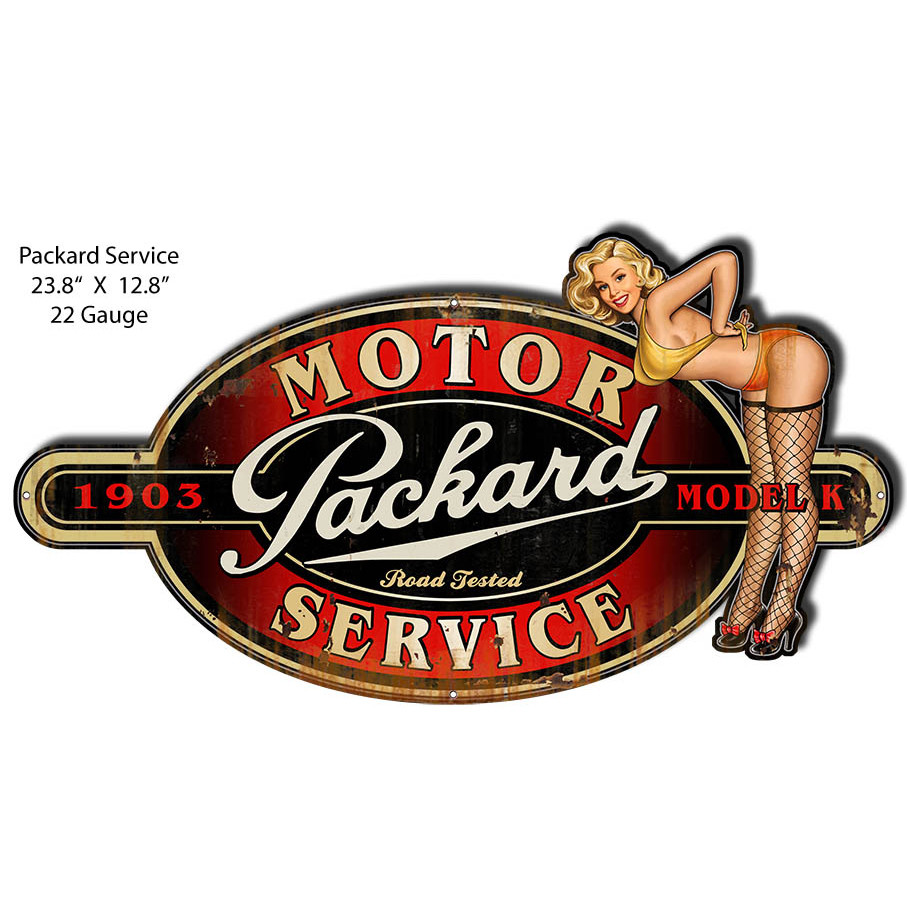 Packard Motor Pin Up Girl Cut Out Garage Art Metal Sign 23.8 x 12.8 Inches