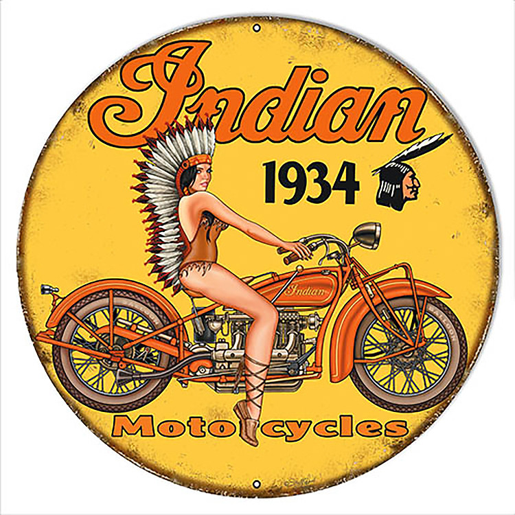 Indian Motorcycle Reproduction Garage Shop Round Metal Sign 14 x 14 Inches