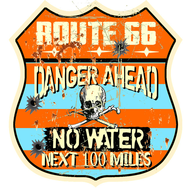 Route 66 Shield Danger Ahead No Water Laser Cut Out Shield Metal Sign 15 x 15 Inches