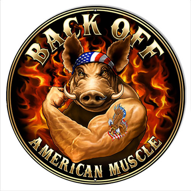 American Muscle Patriotic Garage Art Round Metal Sign 14 x 14 Inches