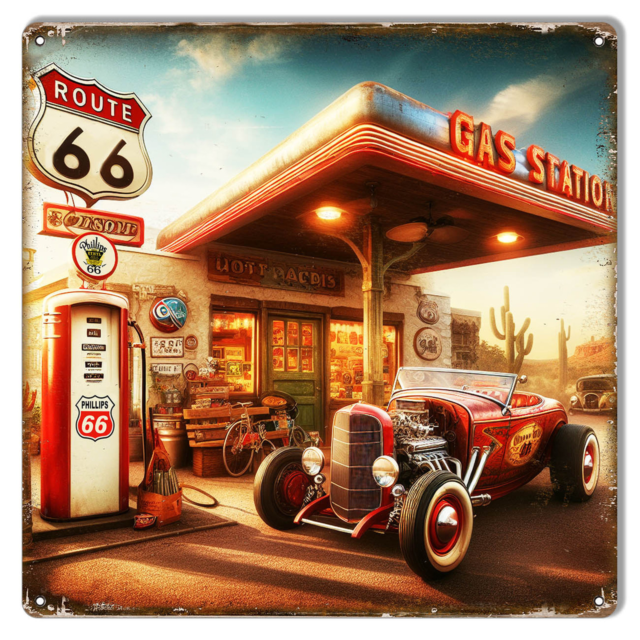 Route 66 Hot Rod Metal Sign 12 x 12 Inches