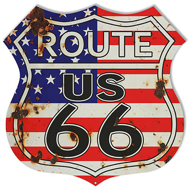 Reproduction Red White And Blue Route US 66 Cut-Out Metal Sign 15 x 15 Inches