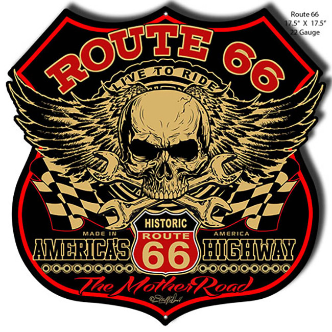 Route 66 Skull Cut-Out Metal Sign 17.5 x 17.5 Inches