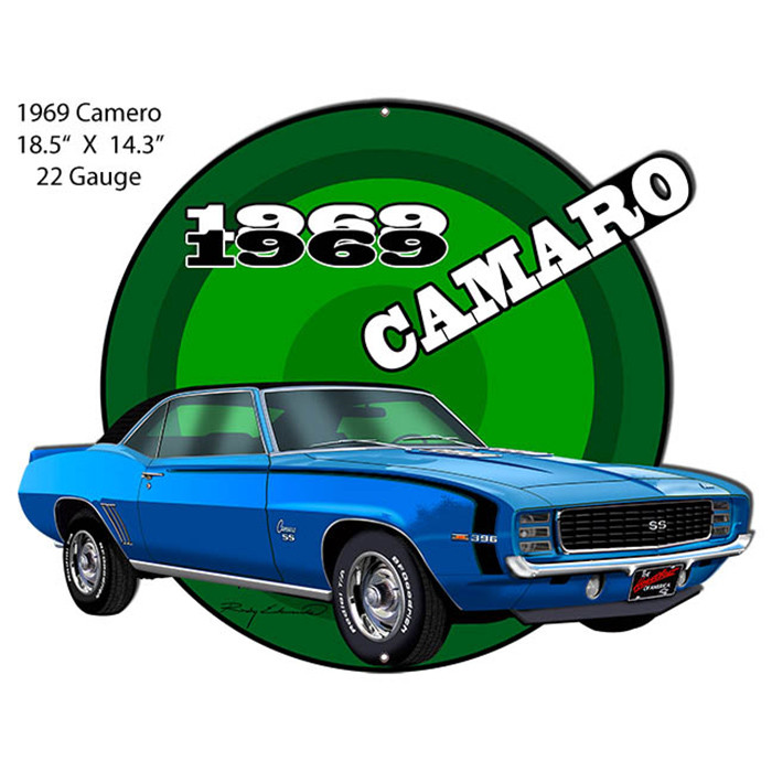 Camaro1969 Blue Hot Rod Cut Out Metal Sign 18.5" x 14.3"