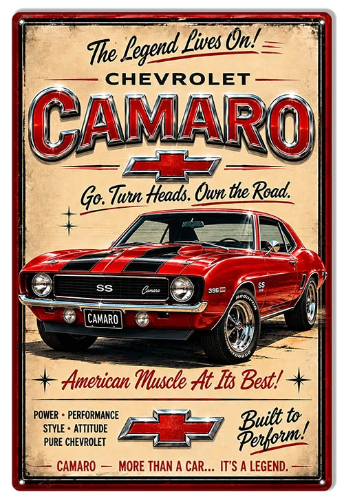 Chevrolet Camaro Red Go Turn Heads 12x18 metal sign for Chevy muscle car garage wall decor