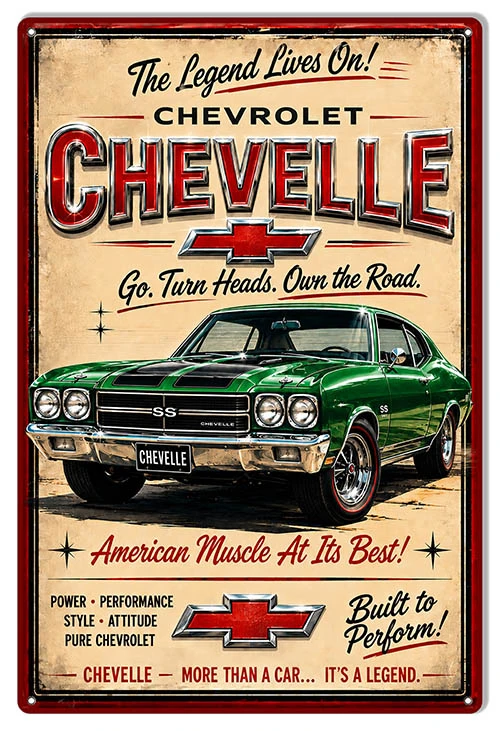 Green Chevrolet Chevelle Go Turn Heads 12x18 metal sign featuring classic Chevy muscle car garage wall decor