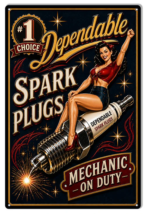 Dependable Spark Plugs Number 1 Choice 12x18 vintage metal sign featuring Mechanic on Duty pin-up girl automotive garage artwork