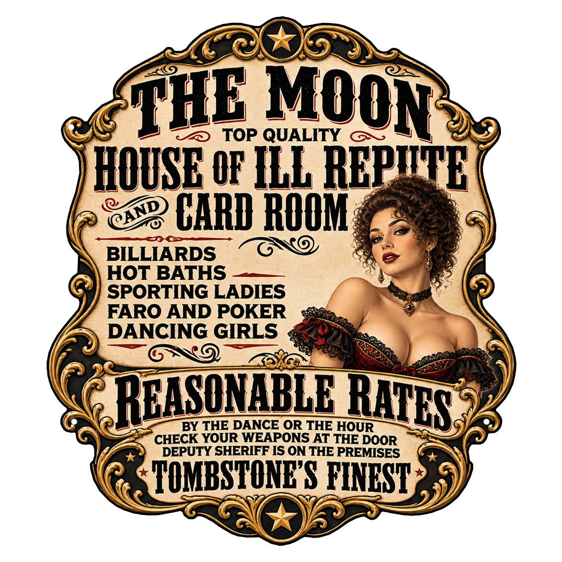 House of Ill Repute 18x16 laser cut metal saloon sign featuring humorous vintage Wild West bar decor