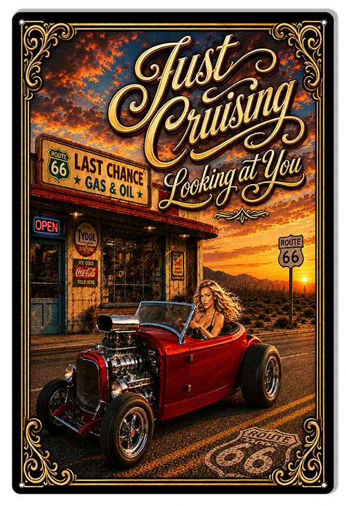 Just Cruising 12x18 vintage hot rod metal sign featuring classic car cruising artwork for garage wall decor