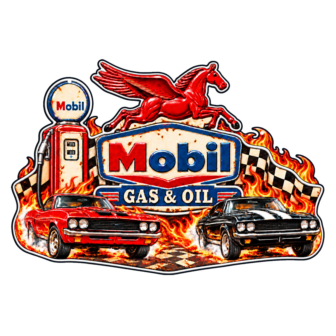 Mobil Gas and Oil 16x11 laser cut metal sign featuring vintage gasoline advertising for classic garage and service station wall decor