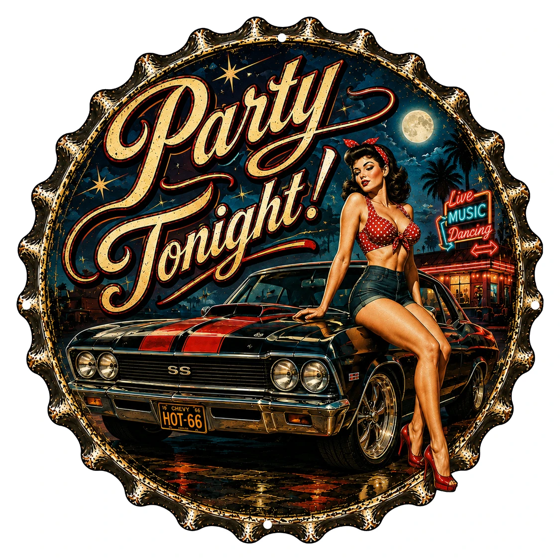Party Tonight 16x16 laser cut bottle cap metal sign featuring a vintage pin-up girl and classic car for retro garage decor