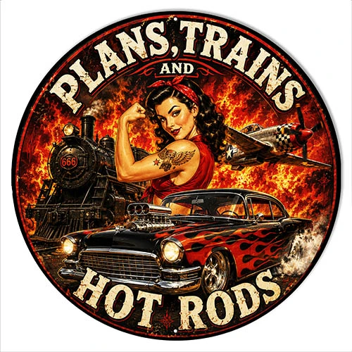 Planes Trains and Hot Rods 14x14 round metal sign featuring vintage transportation theme for garage hobby room and man cave decor