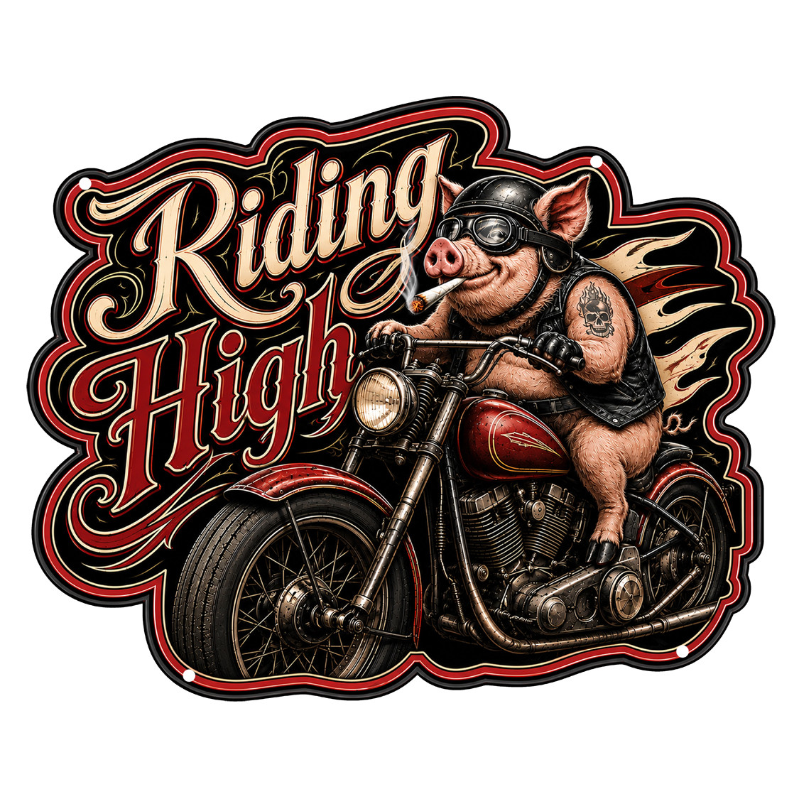Riding High 16x13 laser cut motorcycle metal sign featuring a cigar-smoking biker pig with goggles and leather vest riding a red vintage motorcycle