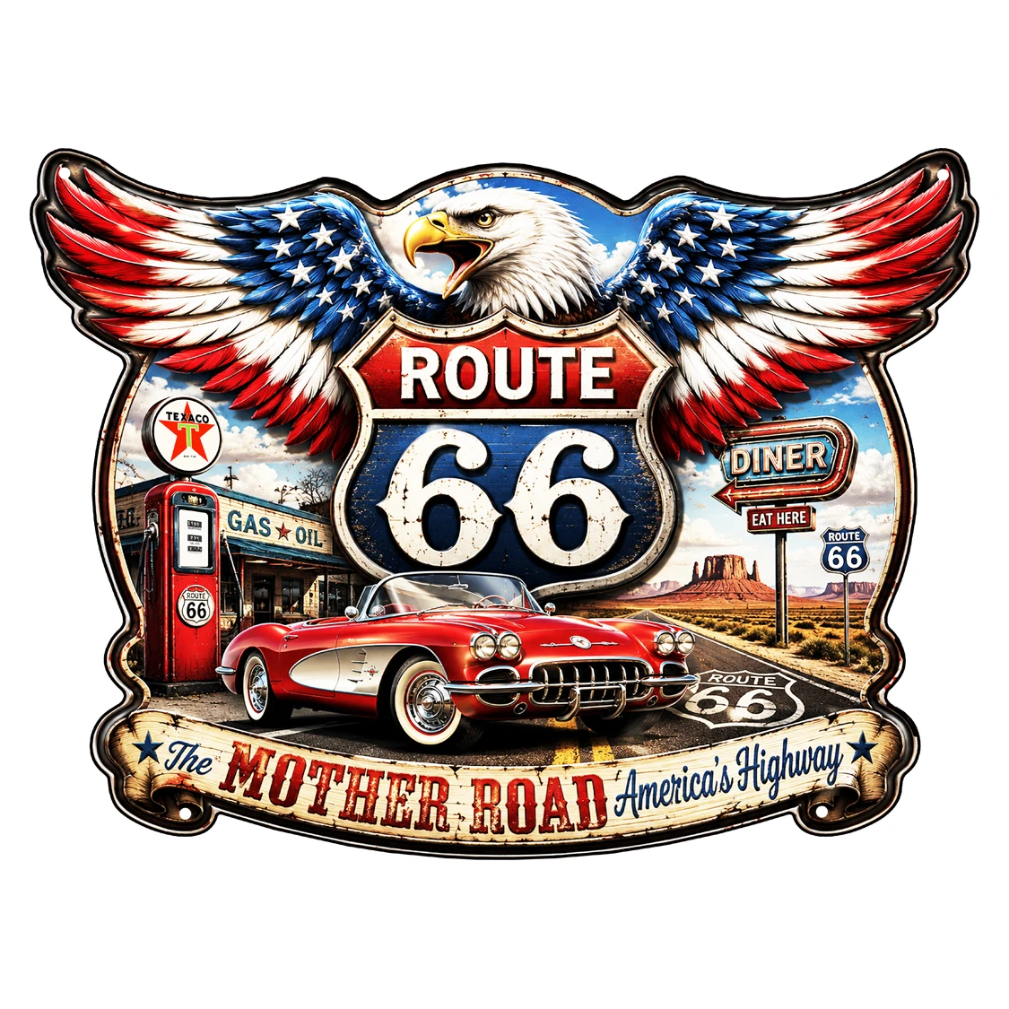 Route 66 The Mother Road 16x12 laser cut metal sign with bald eagle American flag wings red classic Corvette style car Texaco gas pump and diner