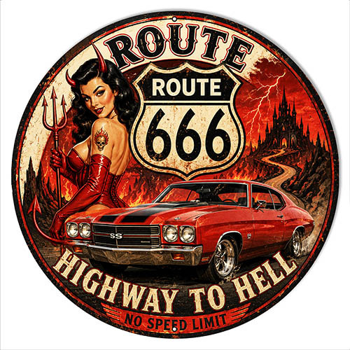 Route 666 Highway to Hell 14 inch round metal sign featuring red Chevelle SS style muscle car devil pin-up girl pitchfork flames and no speed limit slogan