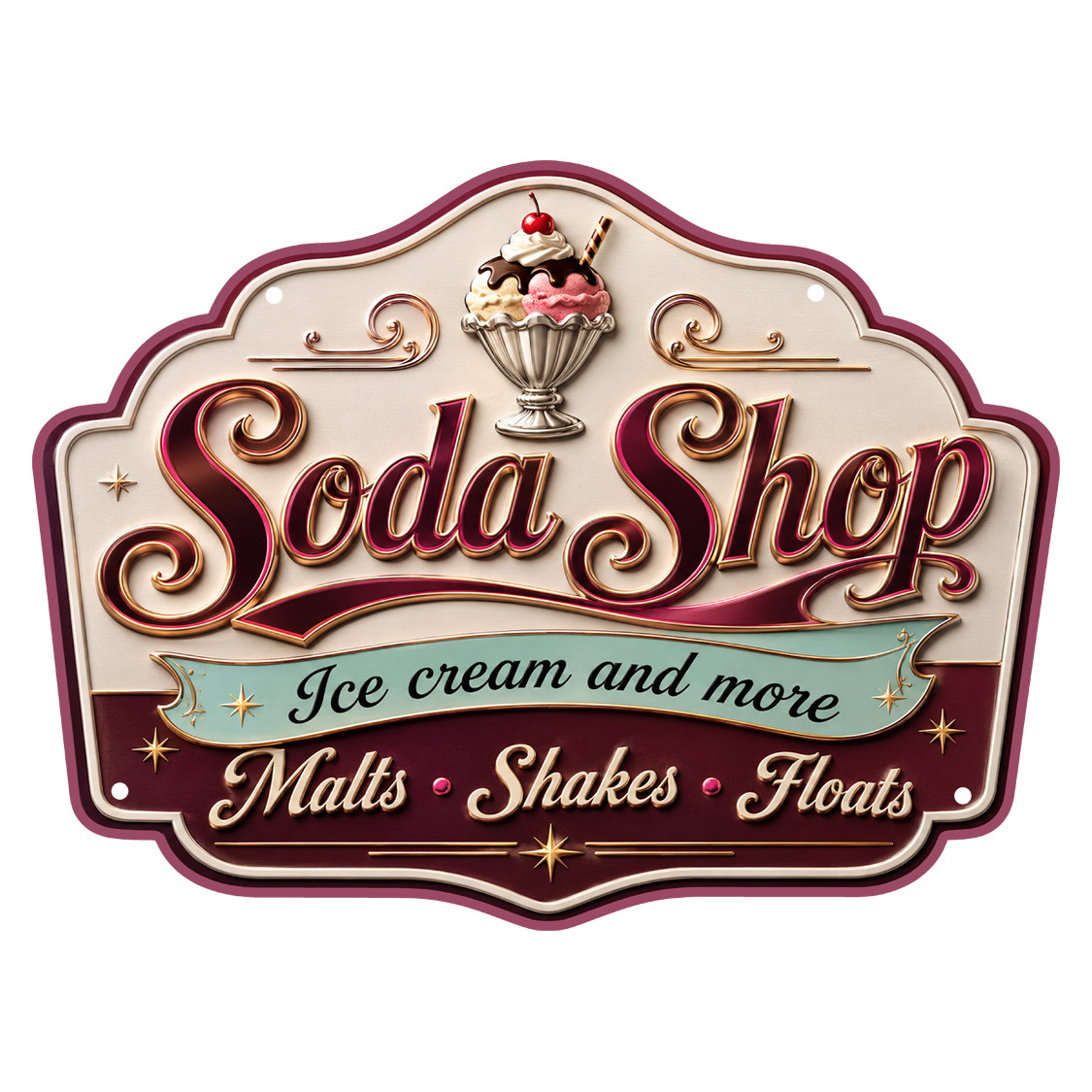 Soda Shop Ice Cream and More 16x12 laser cut metal sign with cherry topped sundae, burgundy lettering, mint green banner and Malts Shakes Floats text
