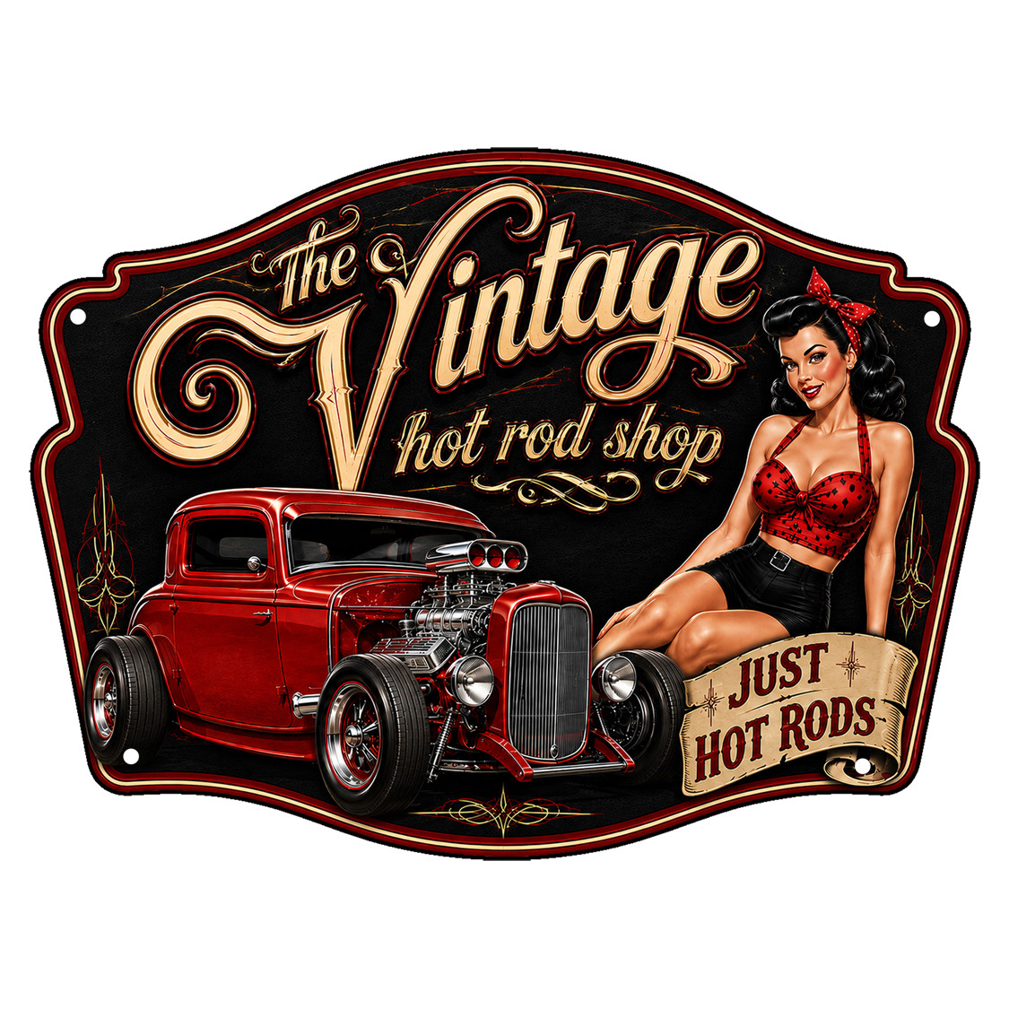The Vintage Hot Rod Shop 16x12 laser cut metal sign with red supercharged coupe, retro pin-up girl in red polka dots and Just Hot Rods banner