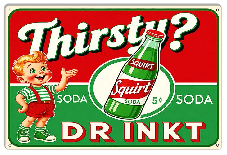 Thirsty Drink Squirt Soda 12x18 reproduction metal sign featuring smiling blond cartoon boy in red shorts, green Squirt bottle and vintage 5 cent ad