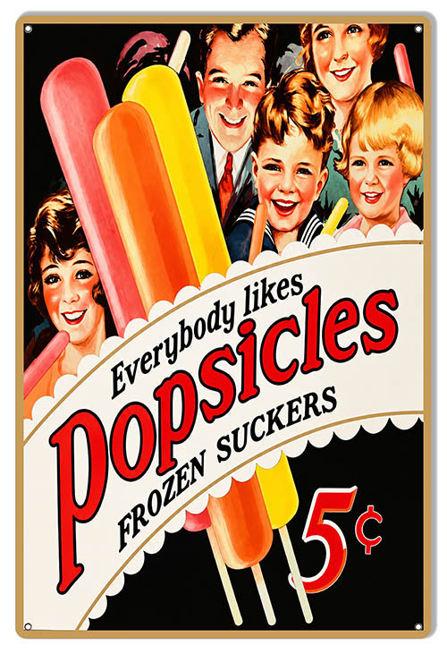 Vintage Everybody Likes Popsicles 12x18 metal sign with smiling children and adults, colorful frozen treats, Frozen Suckers slogan and 5 cent price