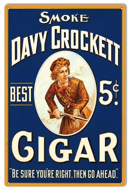 Smoke Davy Crockett Cigar 12x18 vintage metal advertising sign with frontiersman in coonskin cap, navy blue background and 5 cent lettering