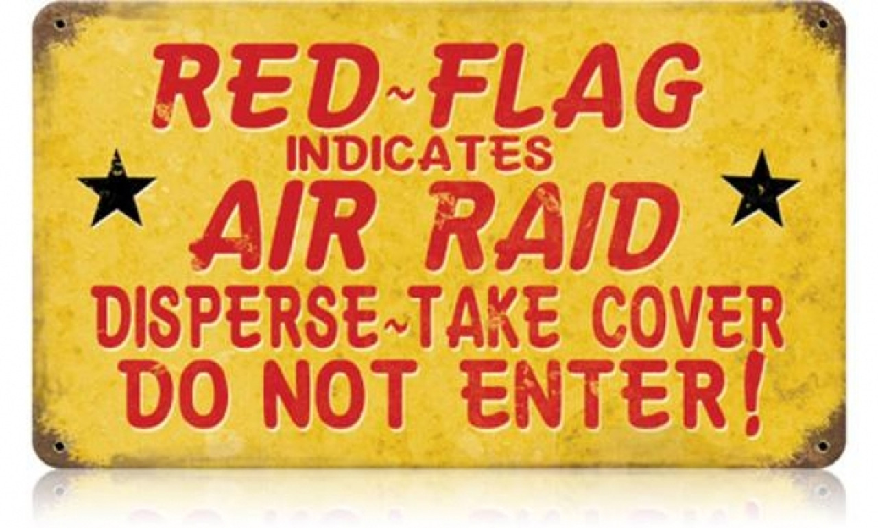 Retro Red Flag Air Raid Metal Sign 14 x 8 Inches