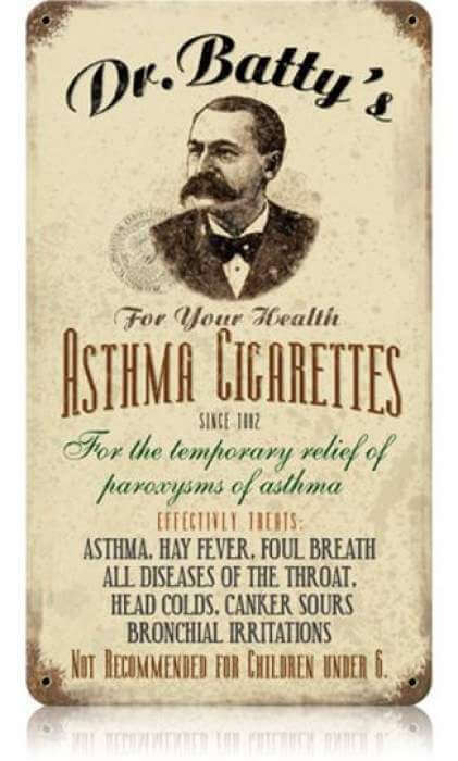 Vintage Asthma Cigs Metal Sign 8 x 14 Inches