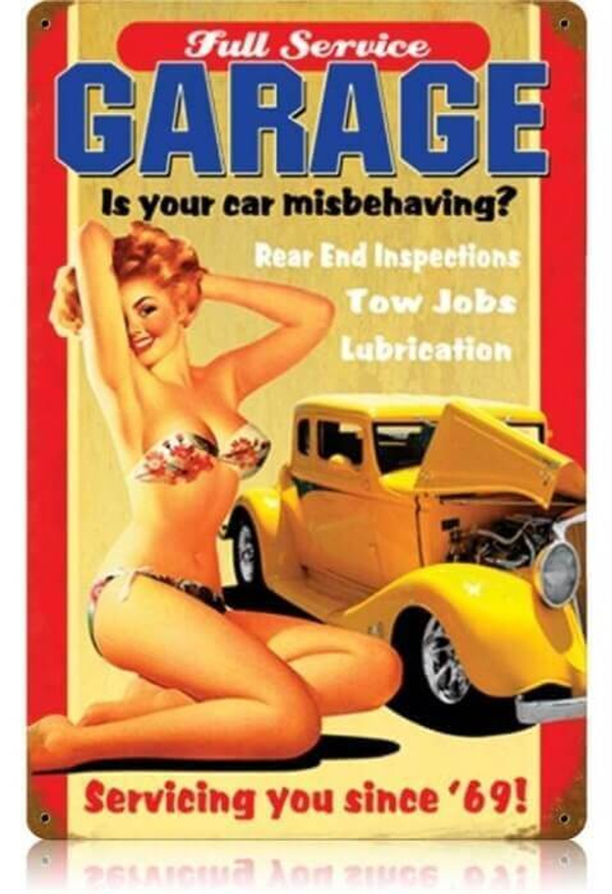 Vintage Full Service Garage  - Pin-Up Girl Metal Sign   12 x 18 Inches