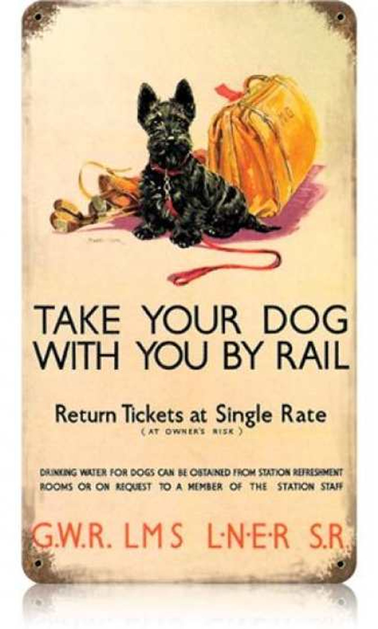 Vintage Dog by Rail Metal Sign    8 x 14 Inches