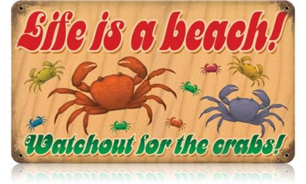 Vintage Lifes a Beach Crabs Metal Sign 14 x 8 Inches