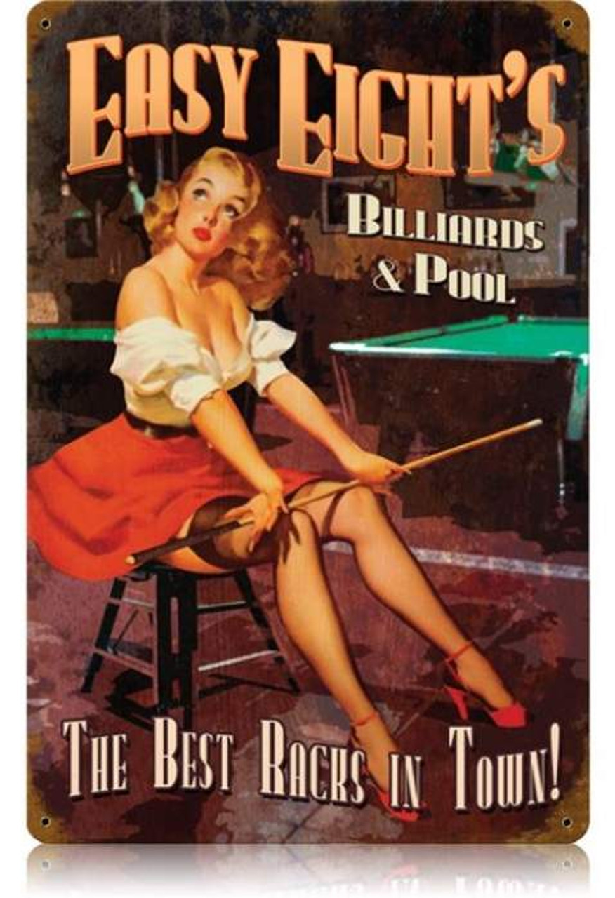 Vintage Easy Eights Pool  - Pin-Up Girl Metal Sign 12 x 18 Inches