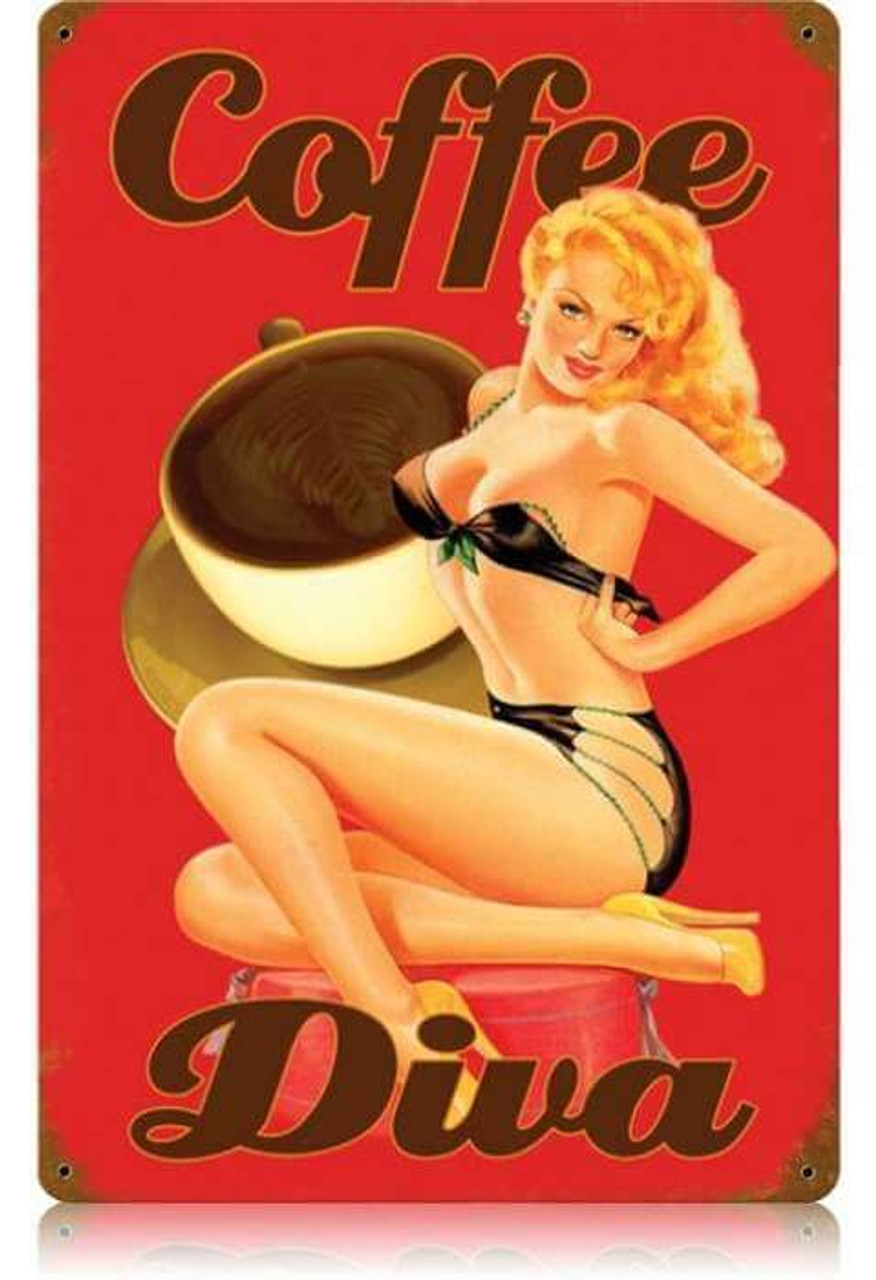 Vintage Coffee Diva  - Pin-Up Girl Metal Sign   12 x 18 Inches
