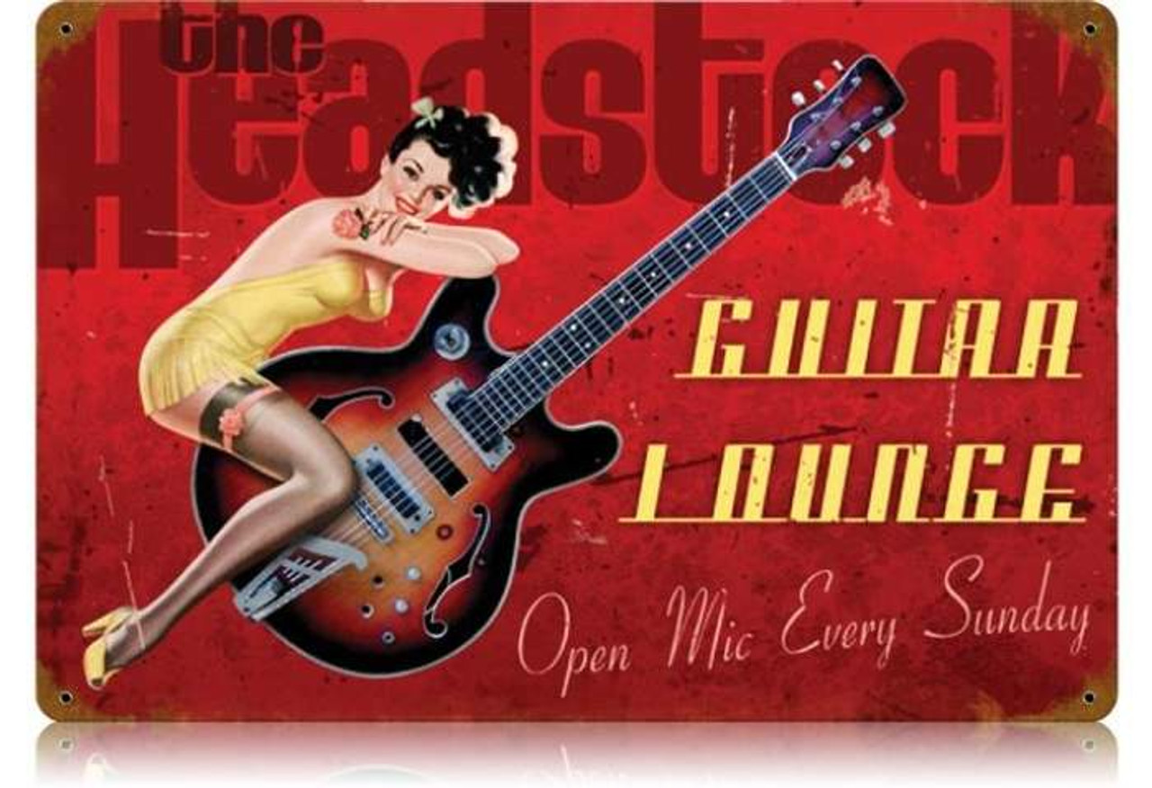 Retro Guitar Lounge  - Pin-Up Girl Metal Sign 18 x 12 Inches