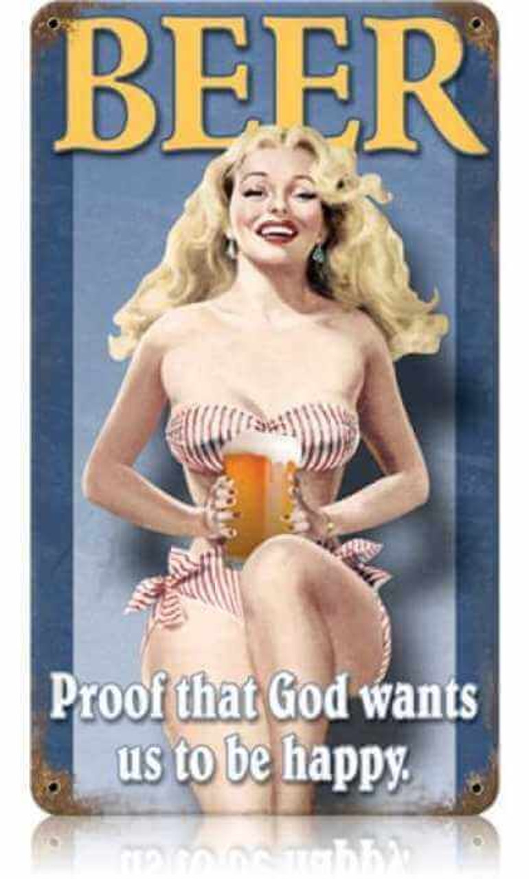 Vintage Beer Pin-Up Girl Metal Sign 8 x 14 Inches