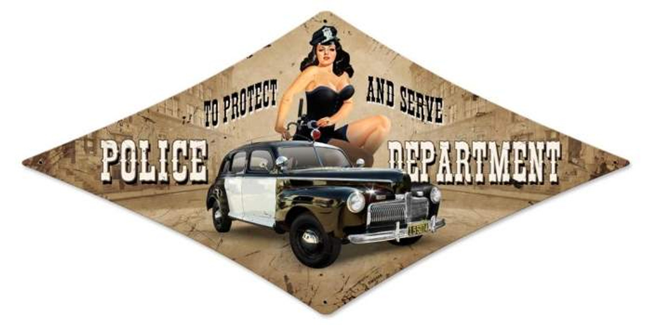 Vintage Police Department Diamond  - Pin-Up Girl Metal Sign 14 x 24 Inches